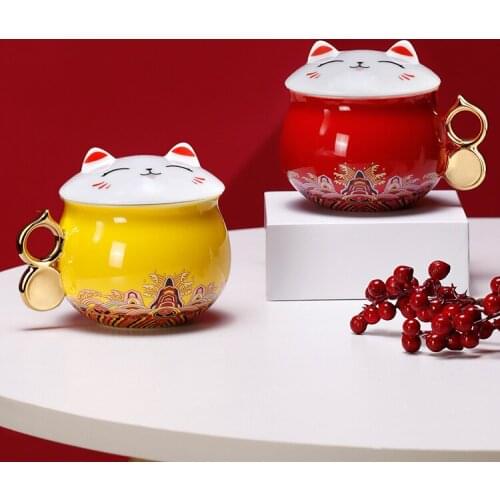 Lucky Cat Coffee Mug Ceramic Lid Spoon Large Milk Tea Smoothie Cute Tumbler Cup Office Travel Tasse A Cafe Couple Gift E5MKB