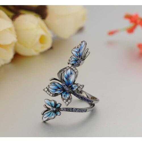 Cute Female Big Blue Enamel Butterfly Ring Vintage Black Gold Wedding Rings Promise Engagement Rings For Men And Women
