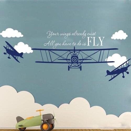 Cartoon Airplane Clouds Fly Quote Wall Sticker Nursery Kids Room Biplane Plane Cloud Flying Inspirational Quote Wall Decal Decor