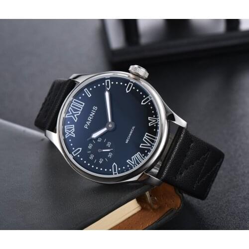 PARNIS Hand Winding Wristwatch Simple Classic Dial Round Case 6497 Movement Leather Band