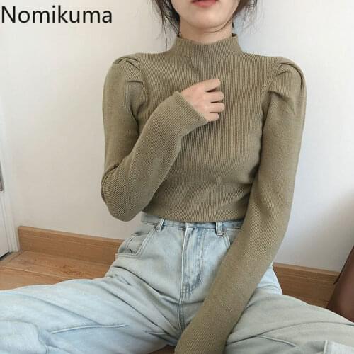 Nomikuma Puff Long Sleeve Half Turtleneck Knitwear Women 2020 Autumn Winter Basic Knitted Tops Korean Stretch Slim Jumper 6D208