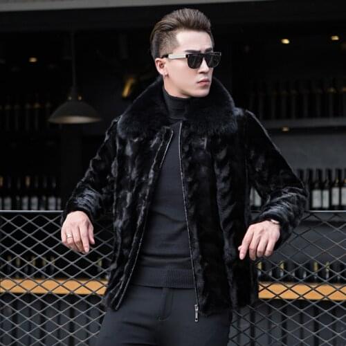 New real genuine natural mink fur coat with fox fur collar fashion mens jacket warm winter