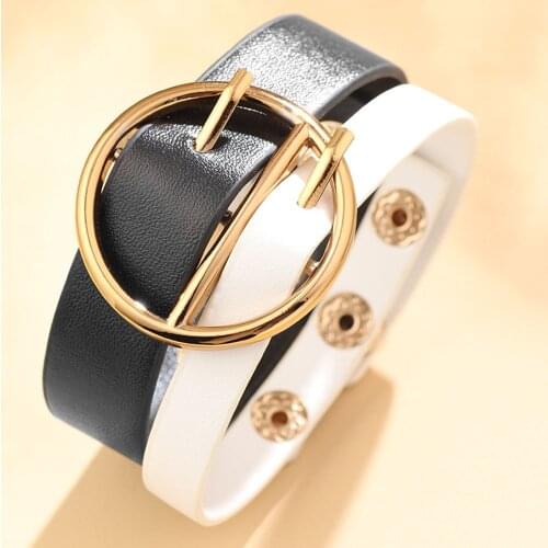 Kiryklr 2021 New Women Bracelet Black White Leather Bracelet Geometric Copper Clasp Bangles Casual Femme Jewelry Gifts