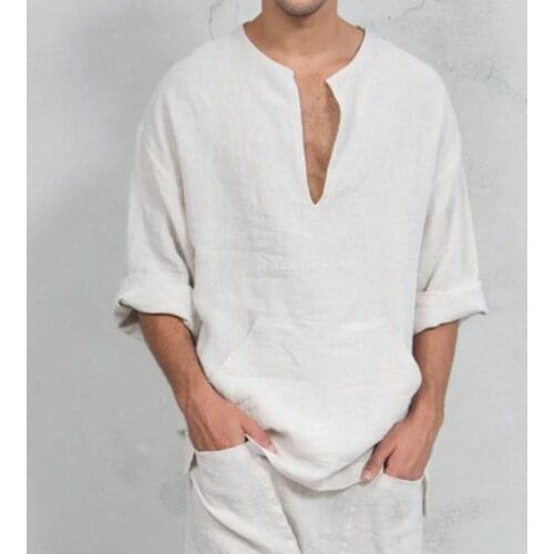 Casual Long Sleeve Solid Tops For Men Autumn Vintage Loose V-Neck Cotton Linen Shirts 2021 Summer Mens Fashion Pocket Shirts New