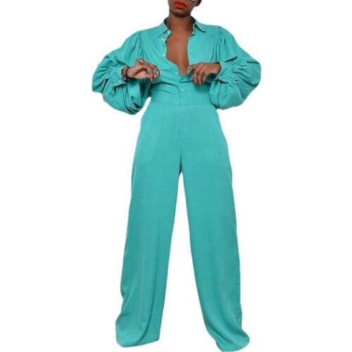 S-5XL Plus Size Solid Color Lantern Sleeve Loose Jumpsuit Elegant Women Office Work Wide Leg Pants Overalls Casual Rompers 2021