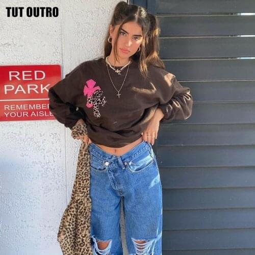 Aesthetics Leopard Print Oversized Brown Tops Y2K Vintage Crewneck Long Sleeve Sweatshirts Indie Outfits Streetwear