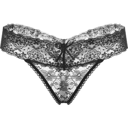 Women Sexy Lingerie Floral Lace Underwear for Women Cute Panties Transparent Knickers Lace G-string Bikini with Cute Bow Center