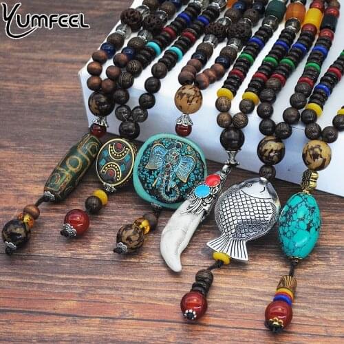 Yumfeel Vintage Ethnic Style Fish Elephant Wood Beaded Stone Pendants & Necklaces Statement Nepal Women Men Jewelry