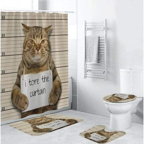 Cat Printed Shower Curtain WaterProof Bathroom Four-Piece Mould Proof Toilet Curtain Non-Slip Mat Bathroom Decoration
