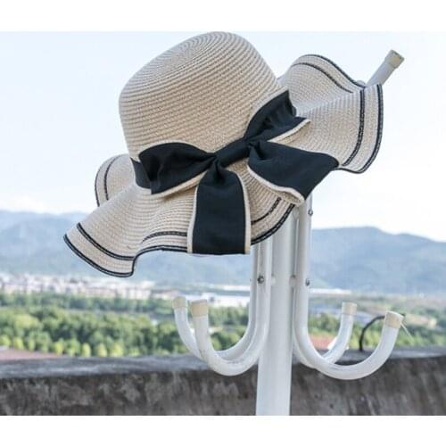 Hot Sale Raffia Lace-Up Straps Bow Edging Wide Brim Straw Hats With Leisure Beach Hats Lady Flat Gorras