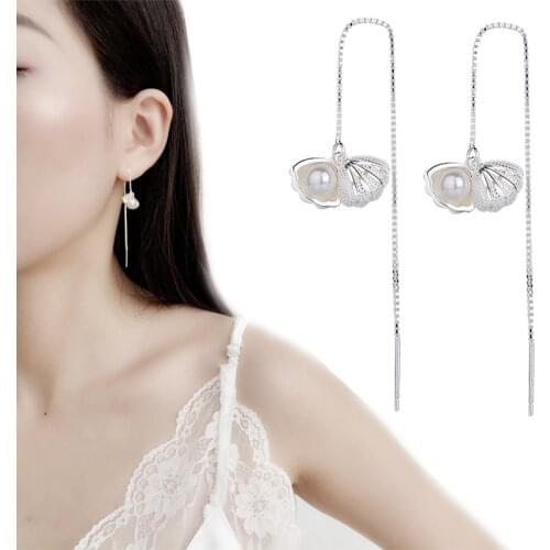 Todorova Trendy Imitation Pearl Inside Sea Shell Drop Charm Long Chain Tassel Earrings For Women Fashion Jewelry Gift