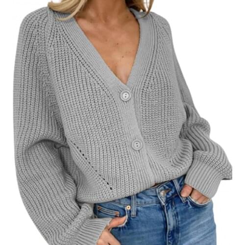 2021 Women Knitted Cardigans Autumn Deep V Neck Long Puff Sleeve Buttons Sweater Loose Jumper Pullover Button Thick Tops casaco