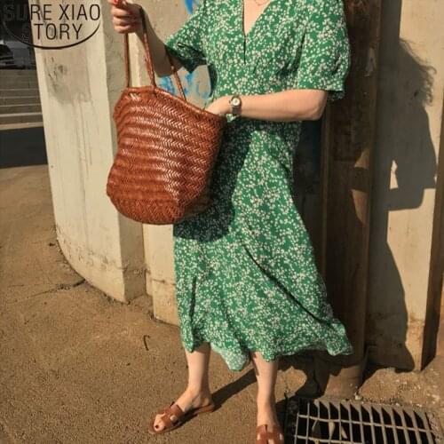 Fashion V-neck Casual High Waist Midi Long Dress 2021 Korea Chic Summer Dress Women Floral Print Green Dress Vestido Robe 14146