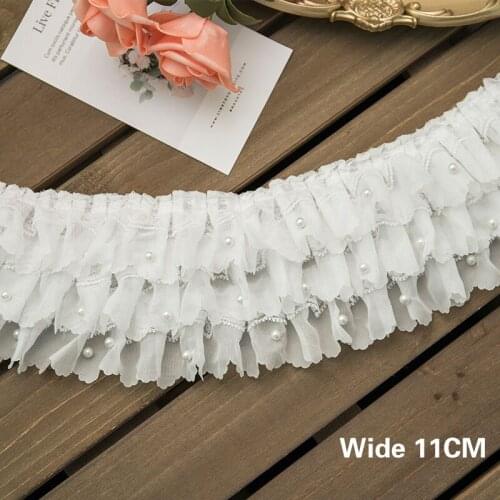 11CM White Beaded Pleated Chiffon 3D Lace Ribbon Decoration DIY Wedding Dress Dress Collar Applique Lace Sewing Supplies