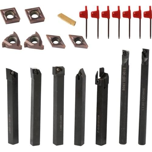 21PCS 10mm Lathe Turning Tool Solid Carbide Inserts Holder Boring Bar With Wrenches For Lathe Turning Tools lathe cutter
