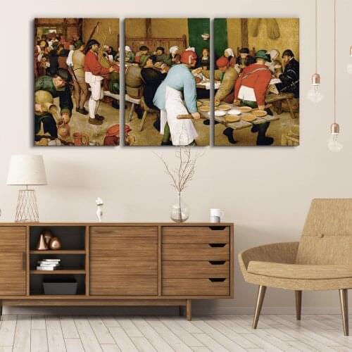 3 Panel World Famous Painting Reproduction on Canvas Wall Art - Peasant Wedding by Pieter Bruegel , Ready to Hang Drop shipping