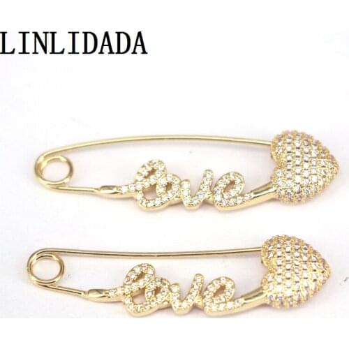 3Pairs Trendy Gold Color CZ Micro Pave Safety Pin Hoop Earrings Zirconia Letter Heart Pin Earring For Women Party Jewelry