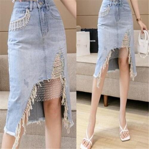 Promotion 2021 New Denim Mesh Rhinestone Trend Skirt Mid-length Diamond Fringed Fringe Wrap Hip Skirt Women Skirt