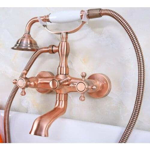 Antique Red Copper Brass Wall Mounted Bathroom Clawfoot Tub Faucet Mixer Tap Telephone Shower Head Dual Cross Handles ana340