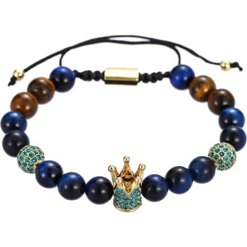 Adjustable size Tiger eye Stone beads bracelet Men women armband crown pulseira mens jewelry pulseras bracelets homme bijoux
