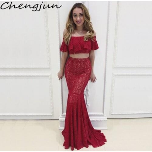 Chengjun Classic 2 Piece Off Shoulder Fishtail Elegant Lace Burgundy Evening Dresses