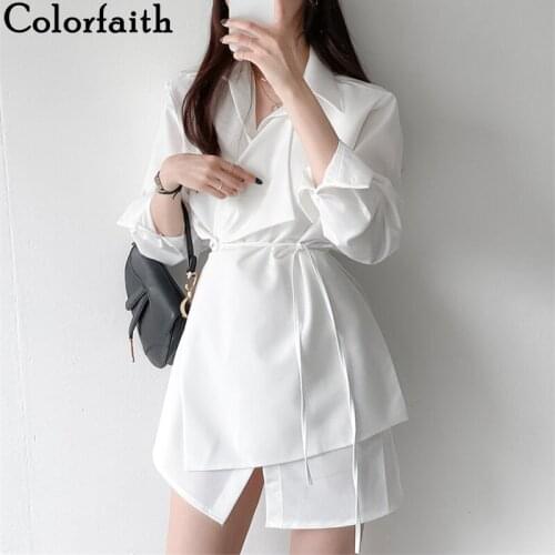 Colorfaith New 2021 Women Spring Autumn Shirt Dresses Fashionable Irregular Elegant Korean Vintage Lace Up Mini Dresses DR2227