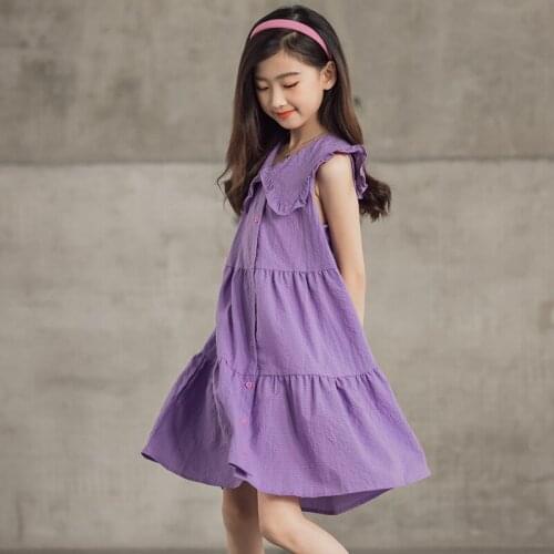 Kids Clothes 2021 Summer Girls' Doll Collar Dress Splicing Short Sleeve Big Childrens Loose Dress