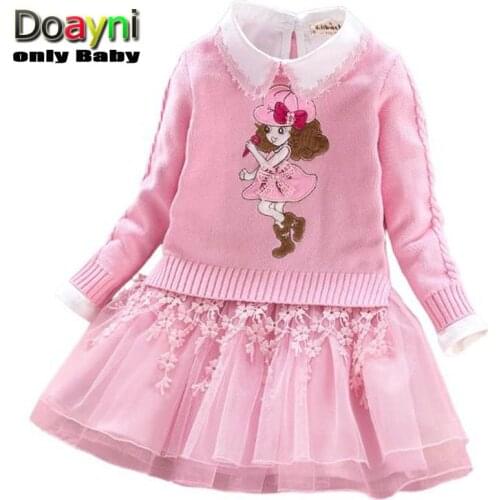 Doayni Baby Girls Knitted Clothing Dress Sets Cartoon Fashion Girls Knitted Sweater+Lace Mesh Dress Kids Clothing Sets 3-7Y