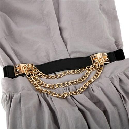 Elastic Dress Belt for Women Ladies Leather Female Luxury Waist Punk Belt for Dresses Rivet Metal Gold Chain Waistband