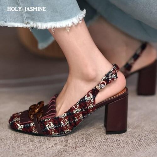 Elegant Check Cloth Fringe Single Shoes Women Shallow Mouth Crystal Chain Decor Chunky High Heel Sandals Slingback Pumps 2021