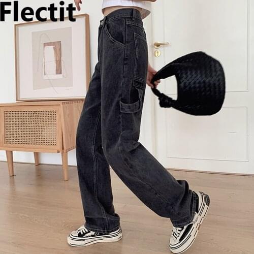 Flectit High Waist Straight-Leg Cargo Jeans Streetwear Women Student Girl Aesthetic Clothes Outfit