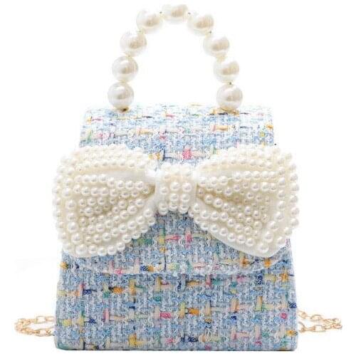 Canvas Children Shoulder Bags Kids Messenger Bags Fashion Pearl Crossbody Bags for Girls Bowknot Handbags Cute Blue Coin Purse