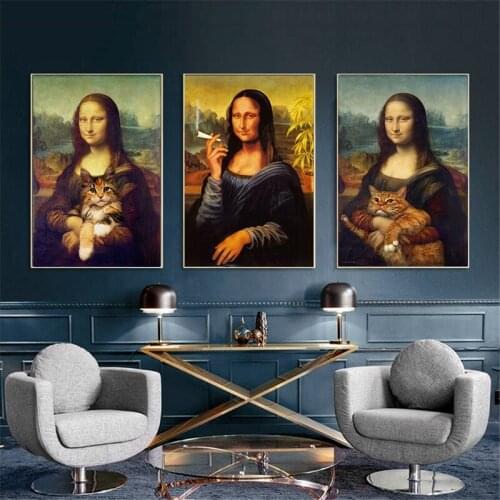 Retro Canvas Paintings Spoof Mona Lisa Cat Graffiti Art Abstract Canvas Painting Posters and Prints Wall Canvas Art Home Decor