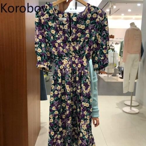 Korobov Korean Flower Elegant Women Dress Vintage Puff Sleeve O Neck Dresses Summer New Chic High Waist Vestidos 2a533