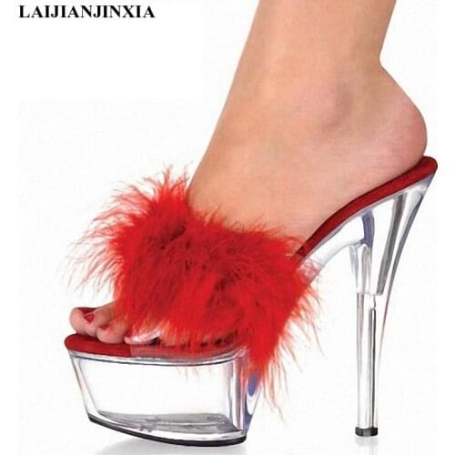 LAIJIANJINXIA New Sexy Crystal 17CM Sexy Feather Design Super Dance Slippers Platforms heels lady 7 inch high heel Dance Shoes
