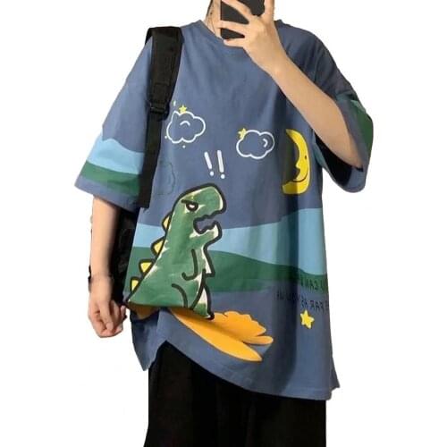 Summer Men T-shirt Short Sleeve Round Neck Polyester Loose Fit Cartoon print skin-friendly Shirt for Dating Streetwear Tees 2021