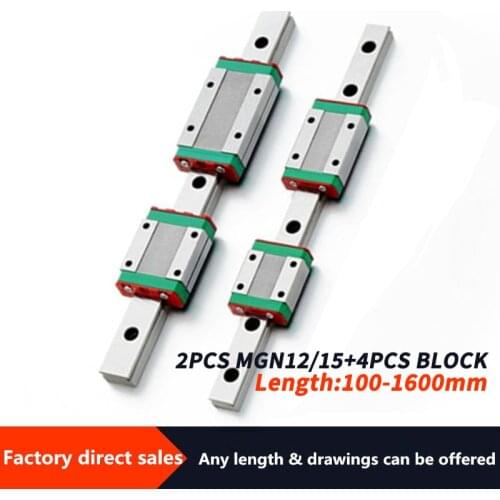 MGN12 MGN15 Miniature Linear Rail Slide 2PC Linear Guide +4PC MGN12C/MGN12H /MGN15C/MGN15H Carriage for CNC Parts L=100-1600mm