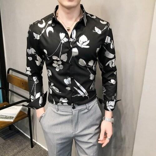 Bronzing Floral Shirts Men Social Nightclub Party Clothing Casual Slim Fit Long Sleeve Blouse Homme Streetwear Camisa Masculina