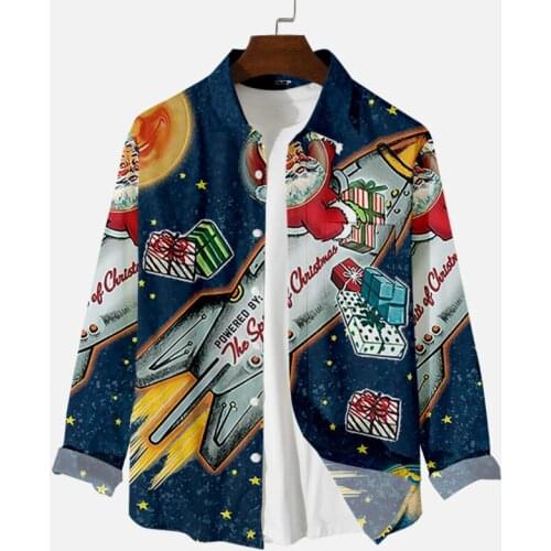 Fashion Plus Size Christmas Shirts For Men Santa Claus Elements 3D Digital Printing Trend Loose Long Sleeved Mens Shirt Top 6XL