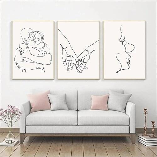 Couple Hand Love Kiss Canvas Painting Abstract Line Drawing Print Nordic Poster Minimalist Wall Art Pictures Living Room Decor