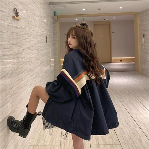 Women 2020 Autumn Winter Korean Fashion Jackets Patchwork Retro Long Windbreaker Baseball Coat Loose Casual Oversized Coats