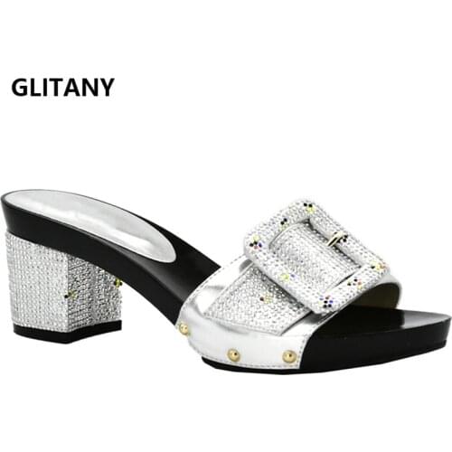 New Sliver Color African Slippers Summer High Heels Sexy Pumps Elegant African Low Heels Women Pumps African Women Wedding Shoes