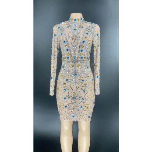 New Sparkly Rhinestones Transparent Dresses Women Birthday Evening Prom Party Dress Bodycon Stage Dance Wear Sexy See Through