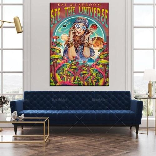 Hippie girl mushroom hunting eating mushrooms watching universe poster smoking smoke weed home decoration poster