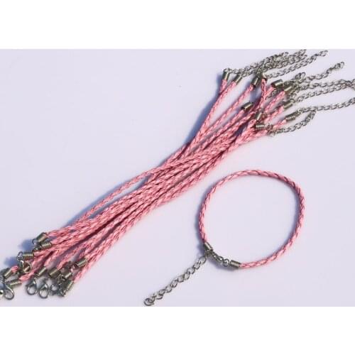 100pcs Pink braided leather cord bracelets clasps lobster Clasp Cords 18cm free shipping