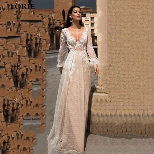 LORIE Lace Appliques A-Line Wedding Dress Puff Sleeves Tulle Boho Wedding Gowns Vestido De Novia V Neck Bride Dresses