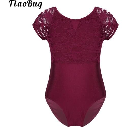 TiaoBug Kids Girls Short Sleeves Floral Lace Bowtie Shaped Back Bodysuit Ballet Dance Gymnastics Leotard Jumpsuit Costume
