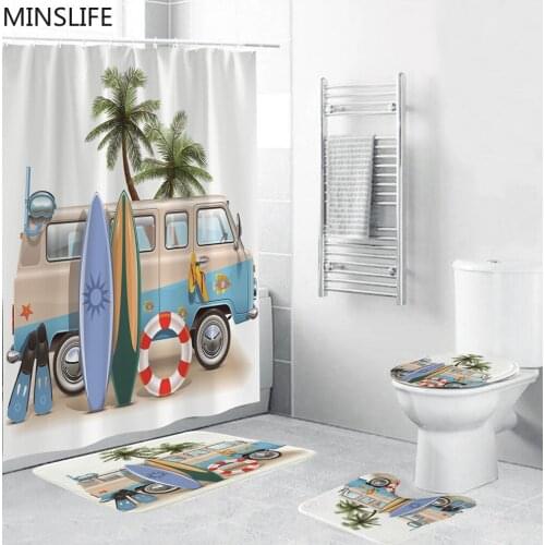Surfboard Resort Style Waterproof Shower Curtain Bathroom Landscape Coconut Tree Bath Mat Set Pedestal Rug Lid Toilet Cover