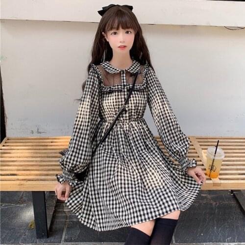 Japanese kawaii clothing sweet lolita dress Mesh Stitching Lapel Retro Lattices Lantern Sleeves High Waist Slimming Doll Dress