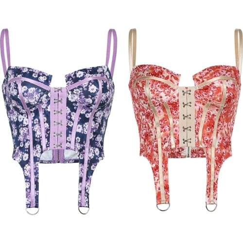 Women Sexy Spaghetti Strap Corset Tank Top Hook Eye Front Vintage Floral Print Camisole Zipper Slim Crop Top Bustier